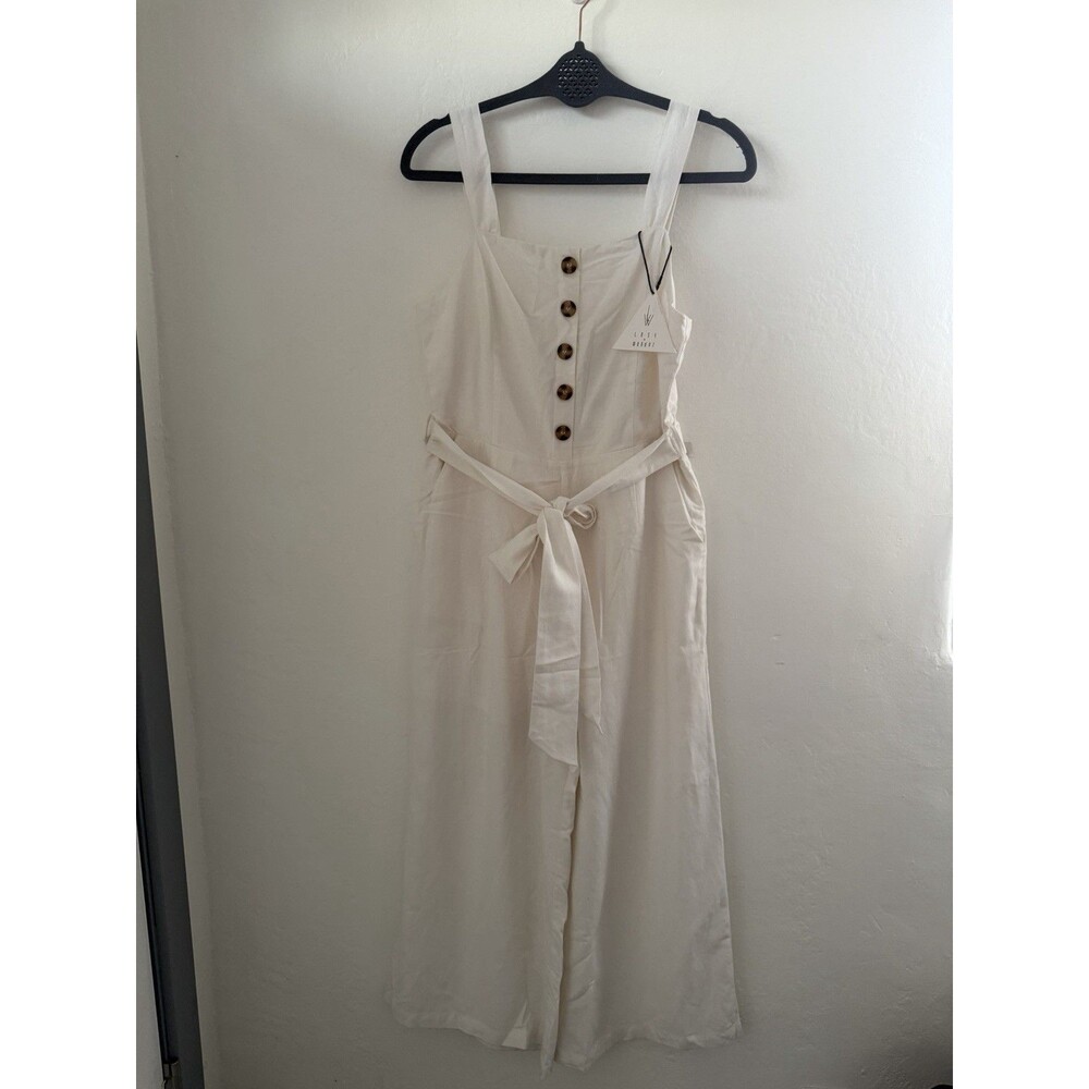 Lost + Wander White Linen Blend Wide Leg Jumpsuit Tie Waist Button Front M NWT